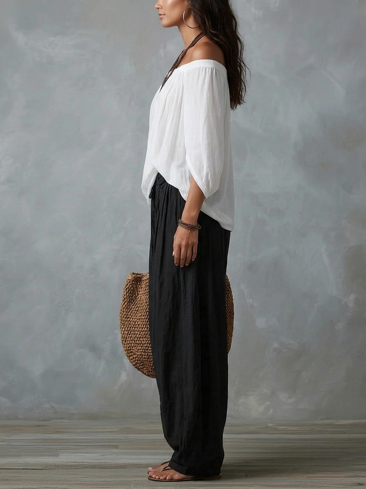 White Off-the-Shoulder Top with Relaxed Lantern Pants Set