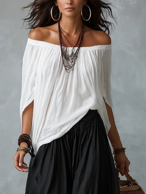 White Off-the-Shoulder Top with Relaxed Lantern Pants Set