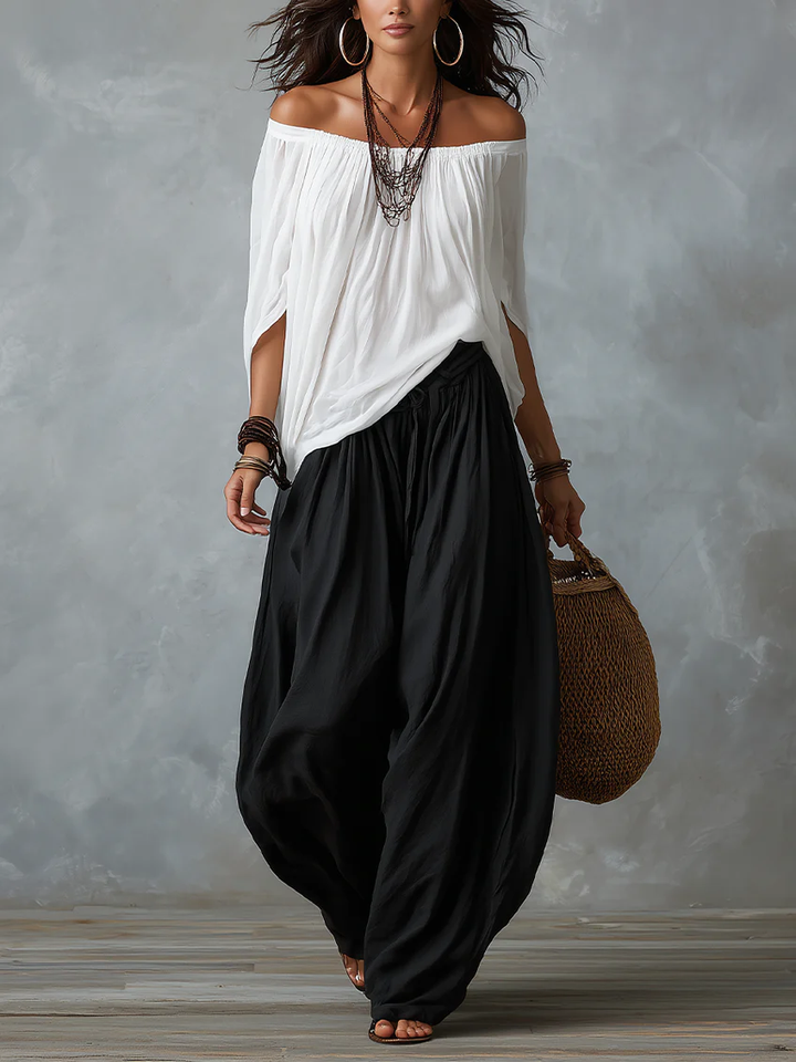 White Off-the-Shoulder Top with Relaxed Lantern Pants Set