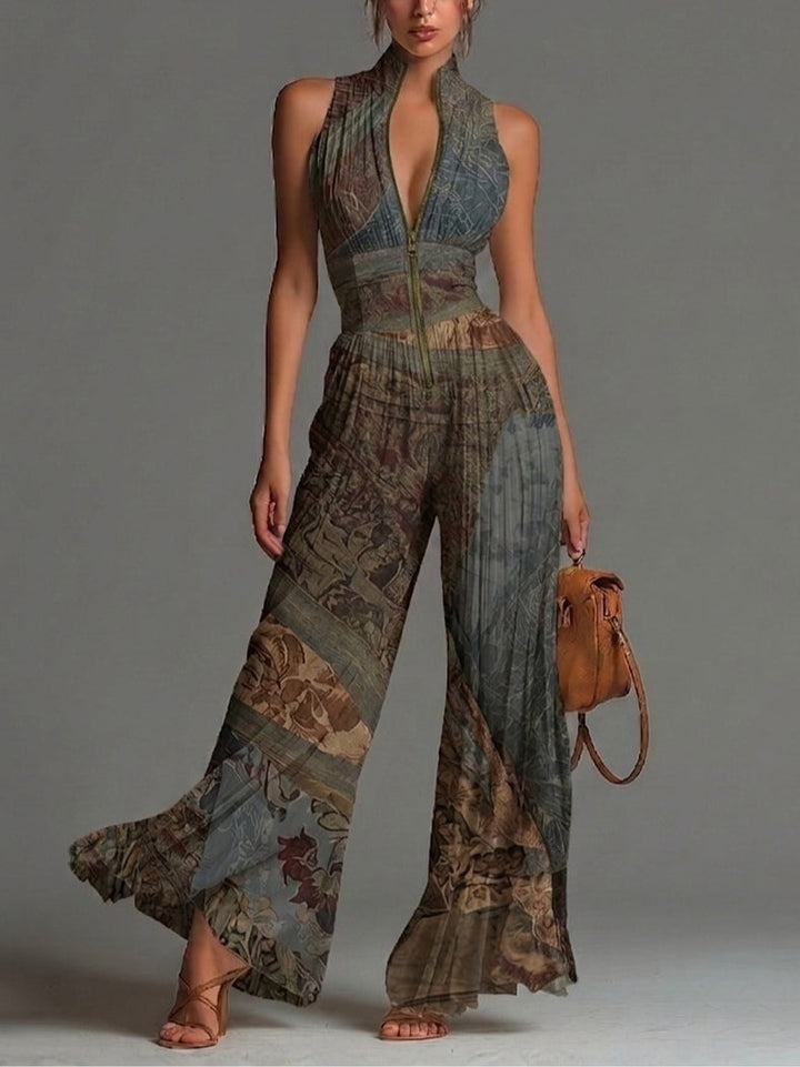 Bohemian-Inspired Sleeveless Wide-Leg Chiffon Jumpsuit with Ethnic Print and Zipper Detail