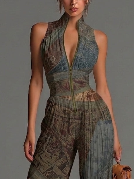 Bohemian-Inspired Sleeveless Wide-Leg Chiffon Jumpsuit with Ethnic Print and Zipper Detail