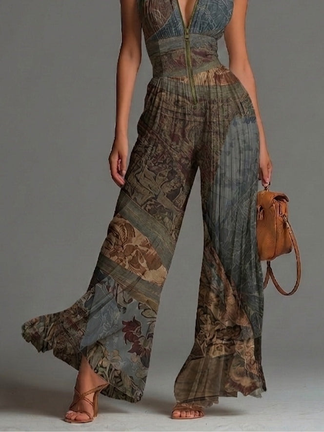 Bohemian-Inspired Sleeveless Wide-Leg Chiffon Jumpsuit with Ethnic Print and Zipper Detail