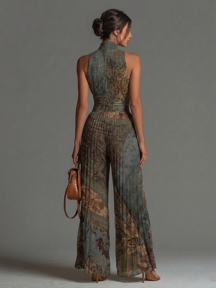 Bohemian-Inspired Sleeveless Wide-Leg Chiffon Jumpsuit with Ethnic Print and Zipper Detail