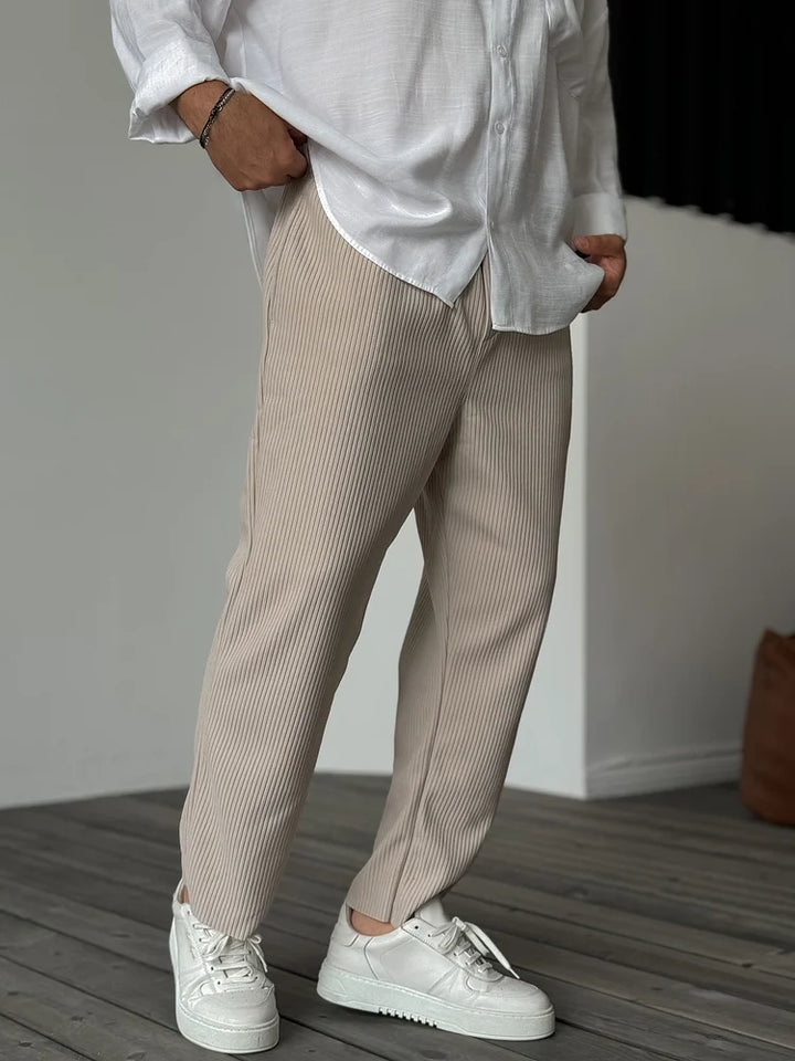 Men's Ribbed Straight Leg Pants - Elasticated Waist - Smart Casual
