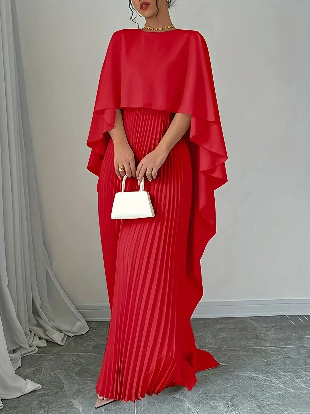 Women's Maxi Dress - Crew Neck - Cape Sleeve - Pleated Skirt