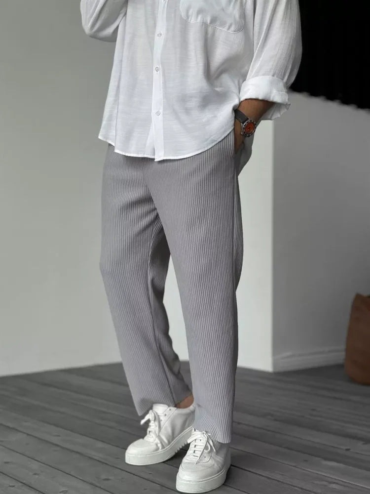 Men's Ribbed Straight Leg Pants - Elasticated Waist - Smart Casual