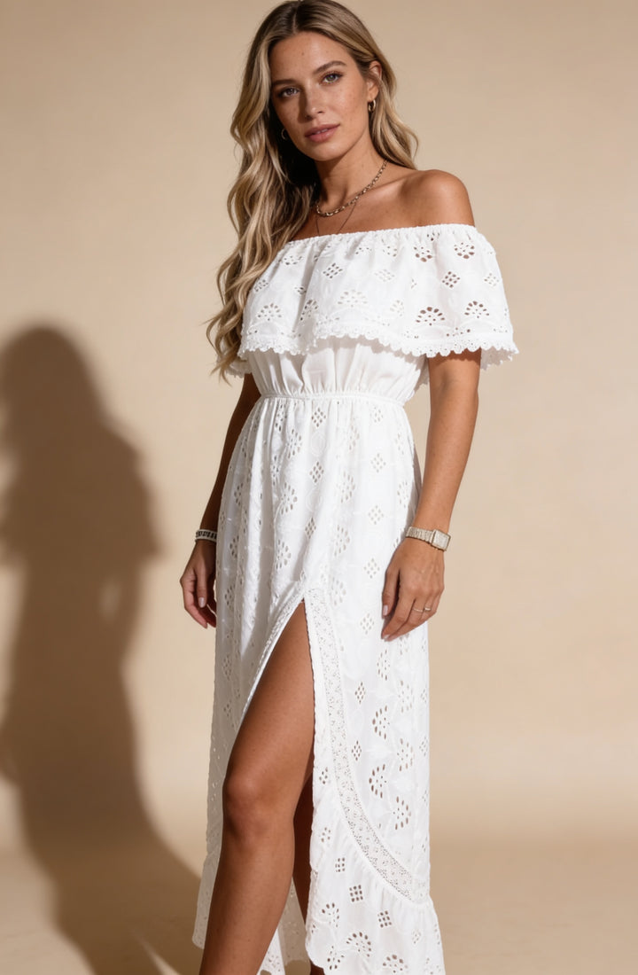 Women's White Maxi Dress - Off Shoulder Eyelet Ruffle Hem