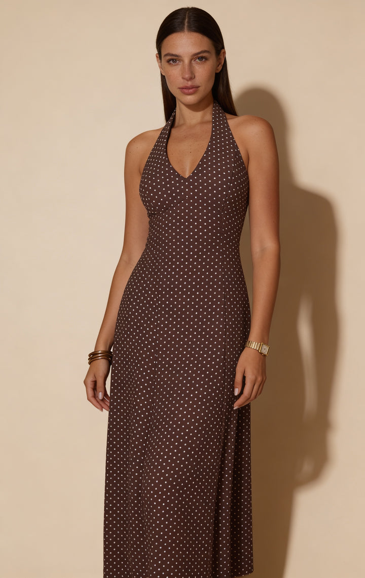 Women's Halter Neck Polka Dot Maxi Dress - Coffee Brown