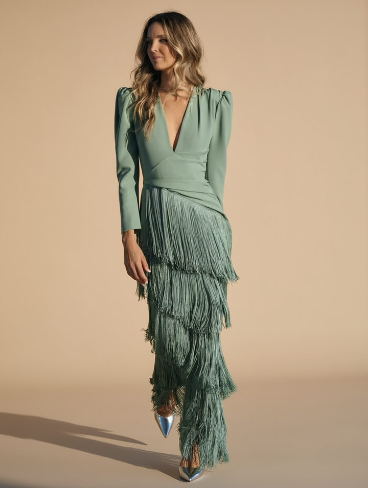 Women's Deep V-Neck Long Sleeve Tiered Fringe Maxi Dress
