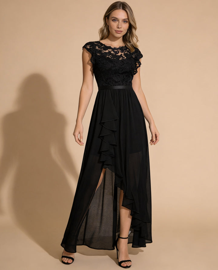 Women's Lace Bodice A-Line Maxi Dress - Sleeveless Asymmetrical Ruffle Hem