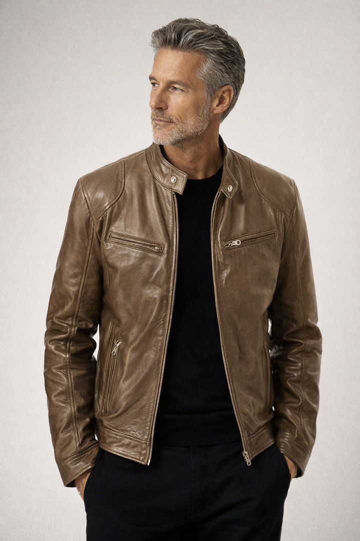 Men's Biker Jacket with Stand Collar - Multi-Zip - Casual Style