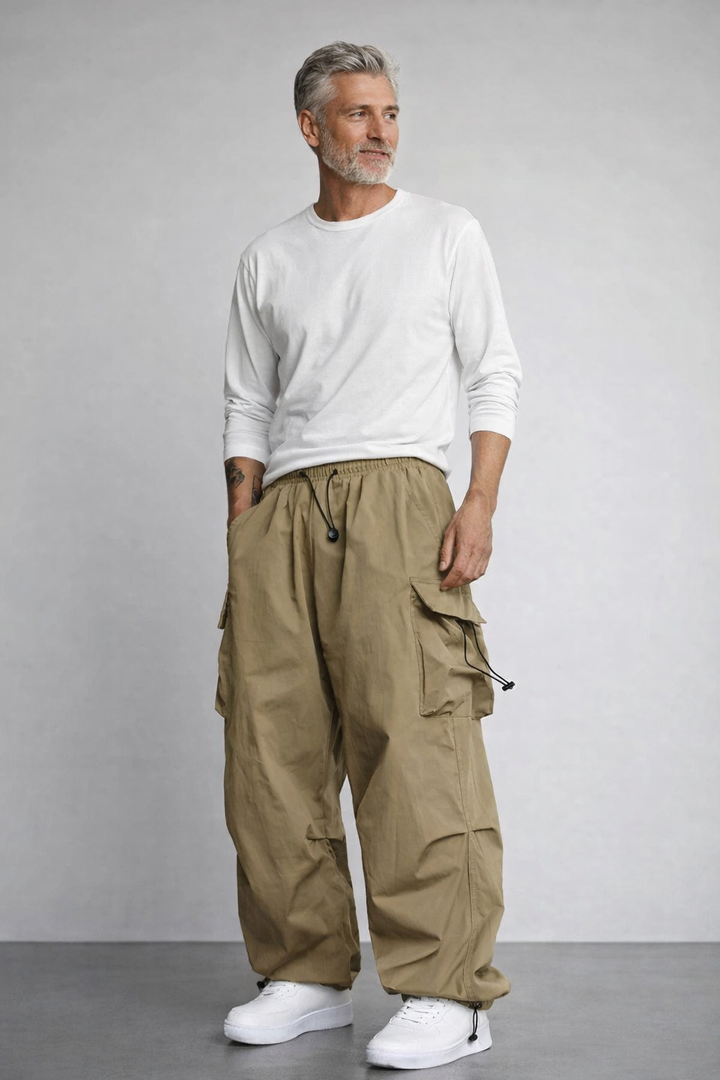 Men's Cargo Pants - Baggy Wide Leg with Drawstring Waist and Multi-Pocket Detail