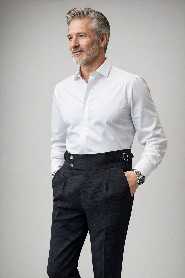 Men's Dress Pants - High Waist Slim Fit with Double Button Closure - Pleated Front
