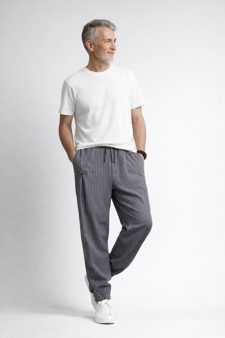 Men's Linen Stripe Harem Pants - Elasticated Waist - Cuffed Hem
