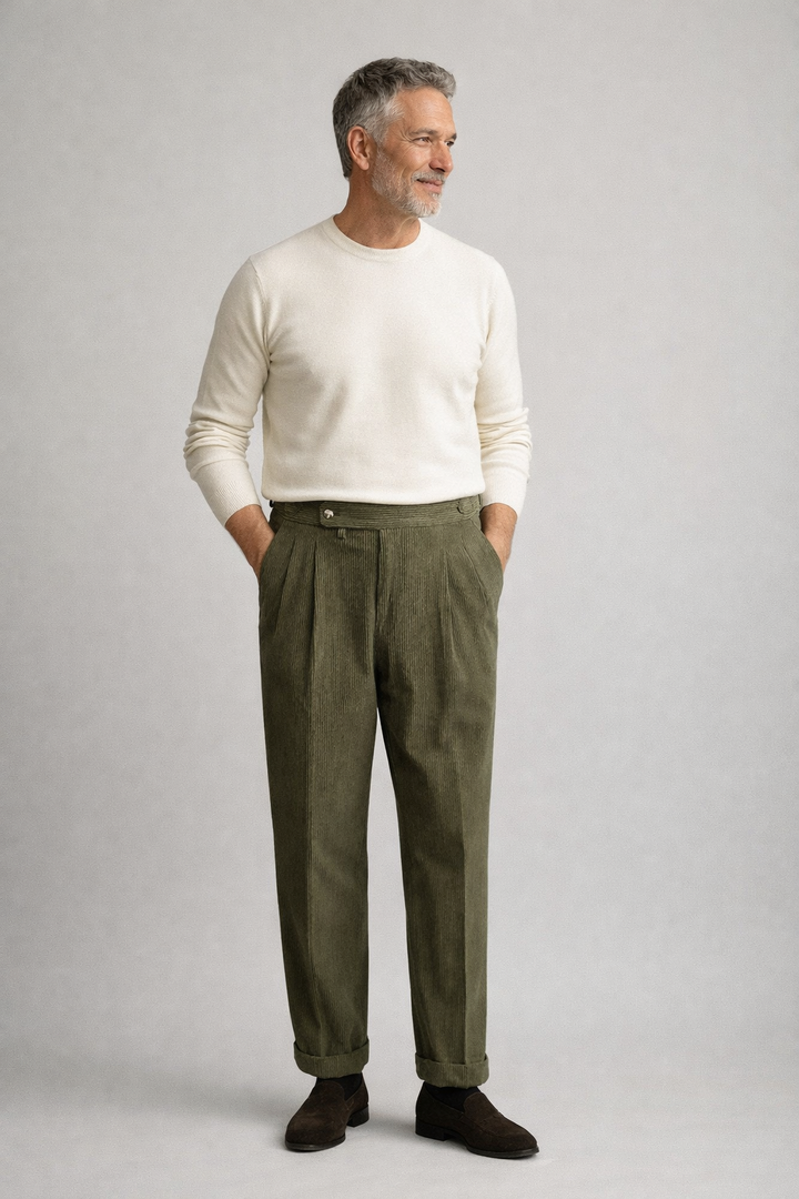 Men's Corduroy Pleated Pants - High Rise - Side Adjusters - Cuffed Hem