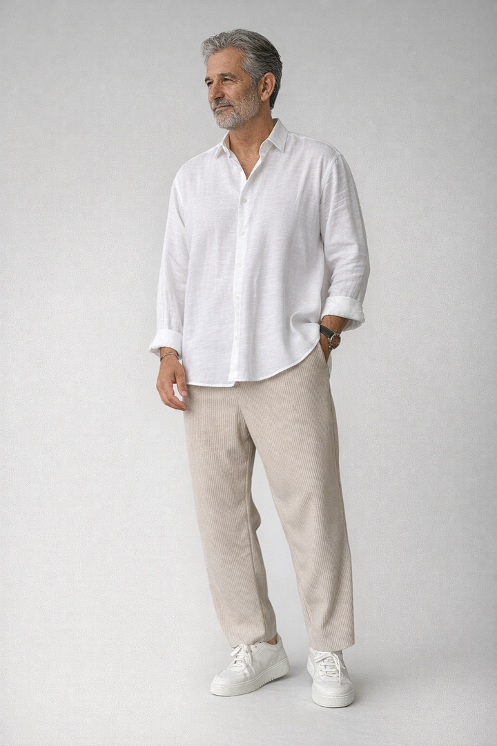 Men's Ribbed Straight Leg Pants - Elasticated Waist - Smart Casual