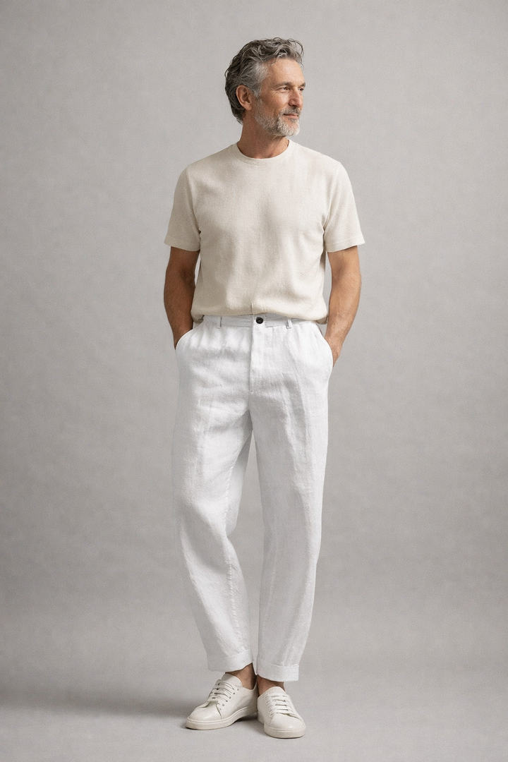Men's Linen Pants - Pleated Tapered Leg Cuffed Hem Belt Loops