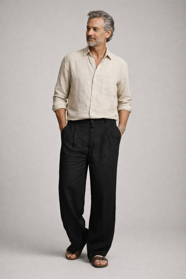 Men's Linen Pants - Pleated Wide Leg Full Length Style