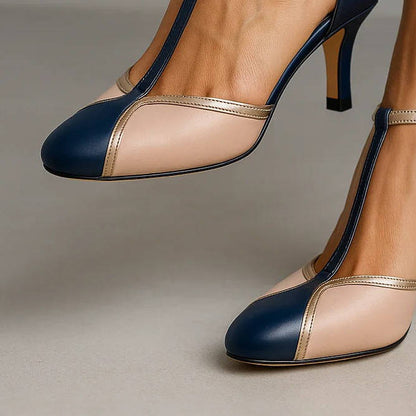 Women's Colour Block Stilettos - Closed Toe T-Bar Strap Heel with Contrast Panel Detail