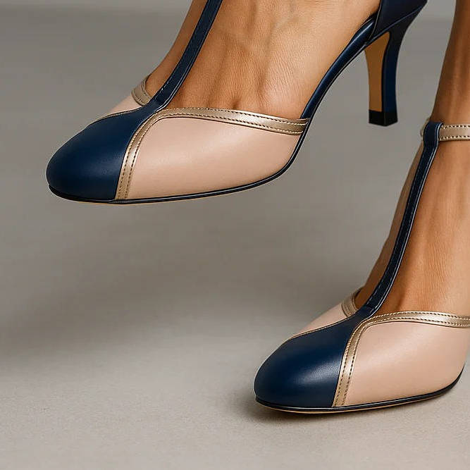 Women's Colour Block Stilettos - Closed Toe T-Bar Strap Heel with Contrast Panel Detail