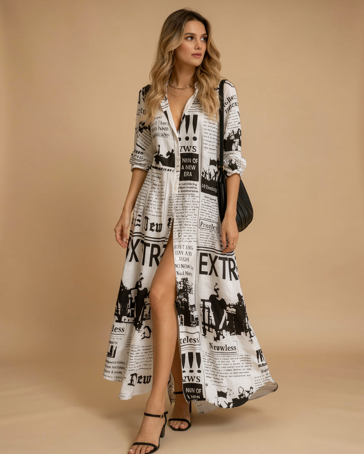 Women's Printed Maxi Dress - Long Sleeve Button Front - Split Hem