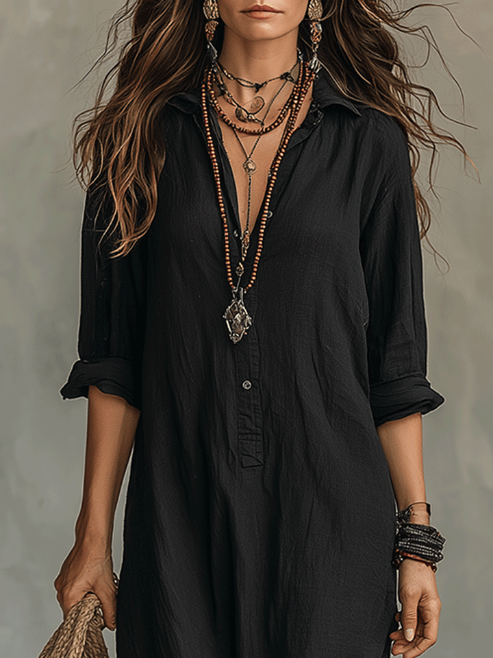 Bohemian Maxi Dress with Black Button-Front Design