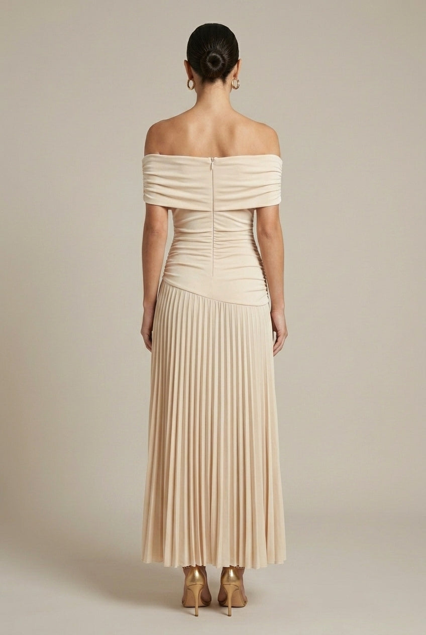 Women's Off Shoulder Pleated Wedding Guest Maxi Dress - Ruched Bodice