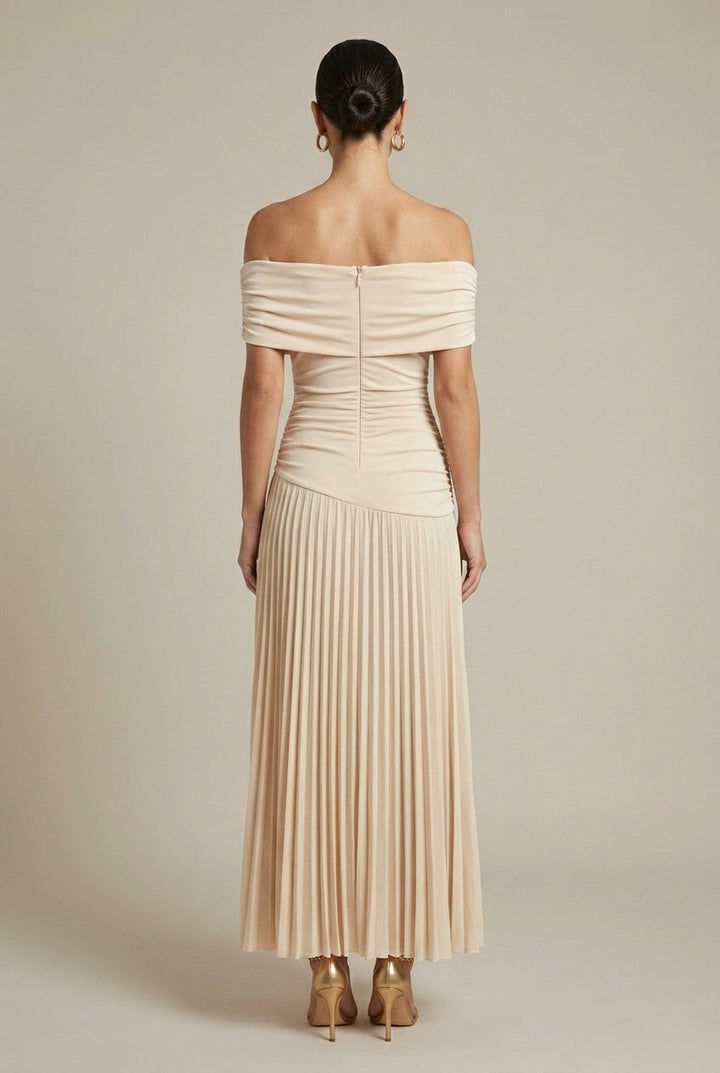 Women's Off Shoulder Pleated Wedding Guest Maxi Dress - Ruched Bodice
