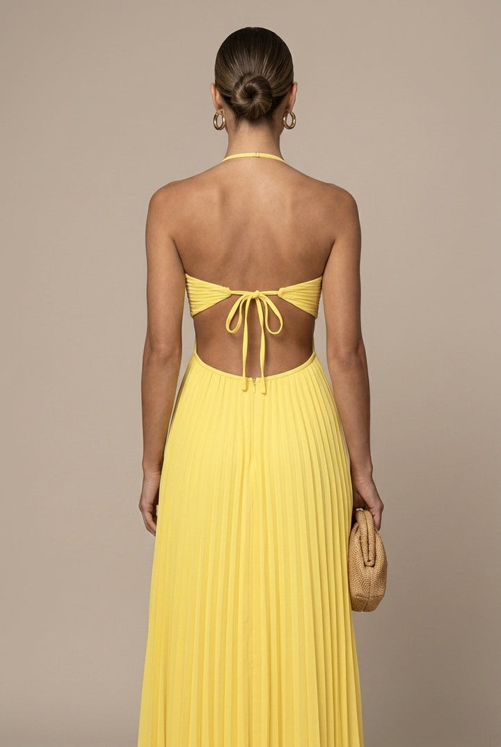 Women's Pleated Halter Neck Flowy Maxi Dress - Open Back