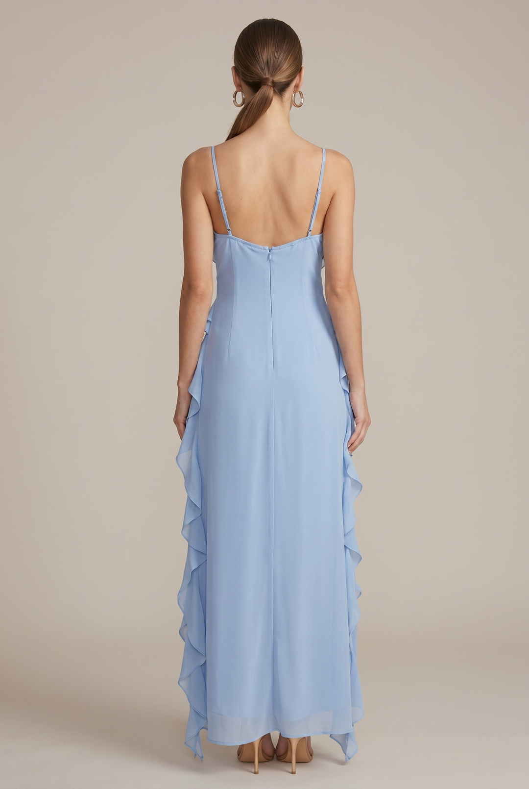 Women's Tiered Ruffle Asymmetrical Spaghetti Strap Wedding Guest Maxi Dress