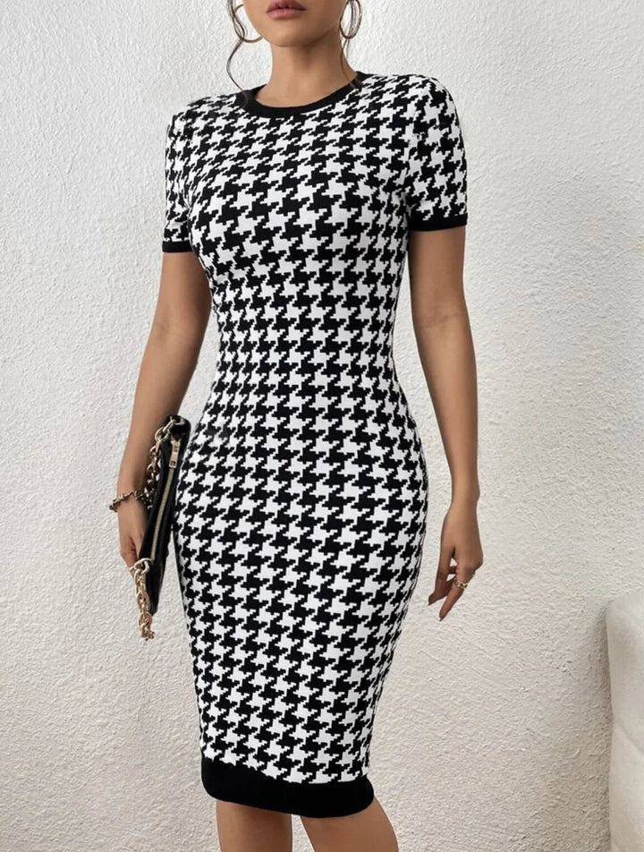 Monochrome Houndstooth Midi Dress
