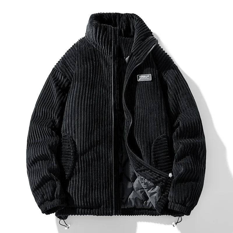 Men's Corduroy Puffer Jacket - Stand Collar - Full Zip - Padded