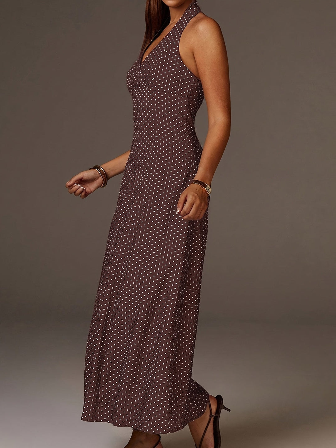 Women's Halter Neck Polka Dot Maxi Dress - Coffee Brown
