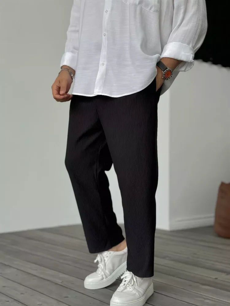 Men's Ribbed Straight Leg Pants - Elasticated Waist - Smart Casual