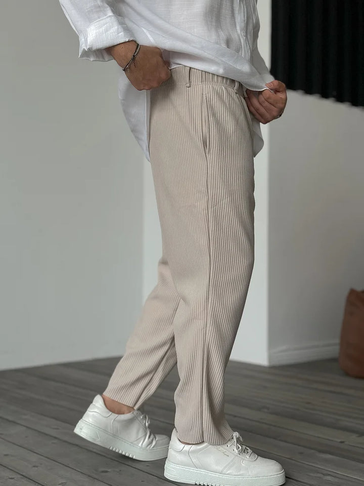 Men's Ribbed Straight Leg Pants - Elasticated Waist - Smart Casual