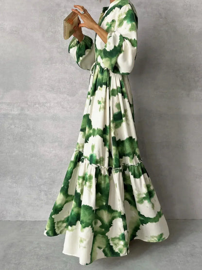 Women's Printed Maxi Dress - V-Neck Long Sleeve Tiered Skirt with Tie Waist