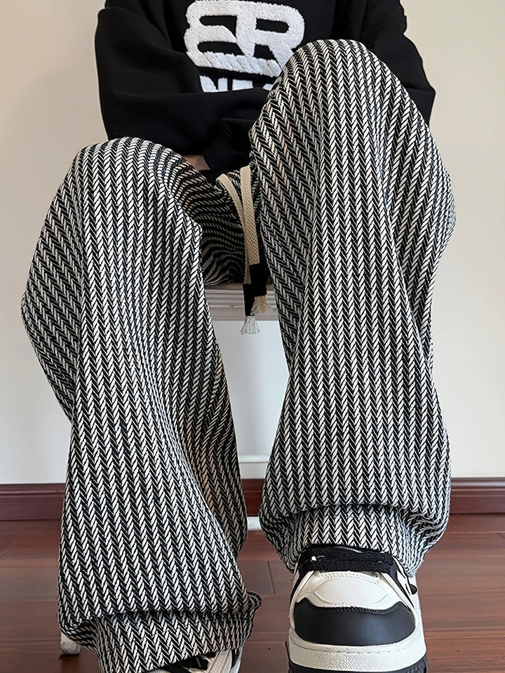 Men's Wide Leg Pants - Herringbone Pattern - Drawstring Waist