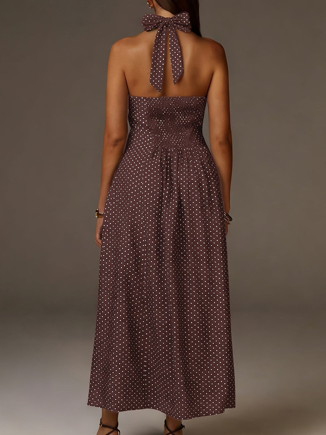Women's Halter Neck Polka Dot Maxi Dress - Coffee Brown