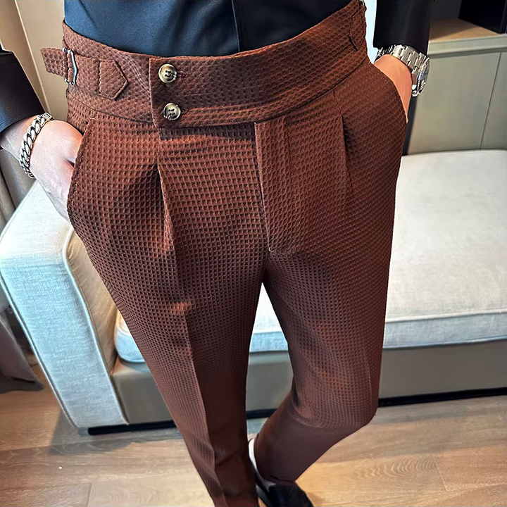 Men's Dress Pants - High Waist Slim Fit with Double Button Closure - Pleated Front