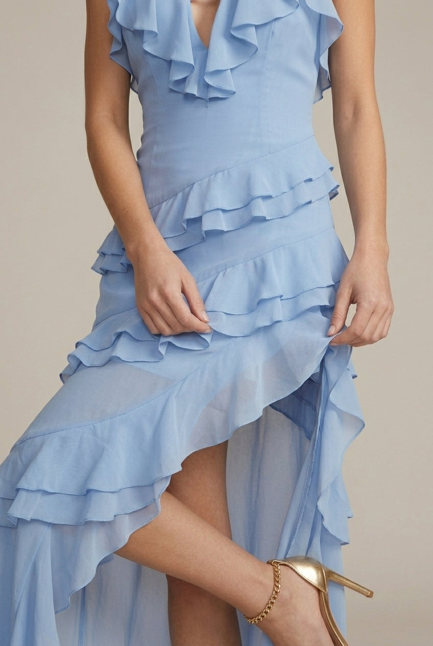 Women's Tiered Ruffle Asymmetrical Spaghetti Strap Wedding Guest Maxi Dress