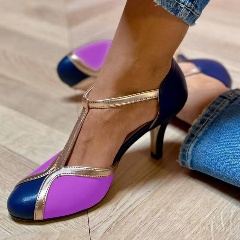Women's Colour Block Stilettos - Closed Toe T-Bar Strap Heel with Contrast Panel Detail