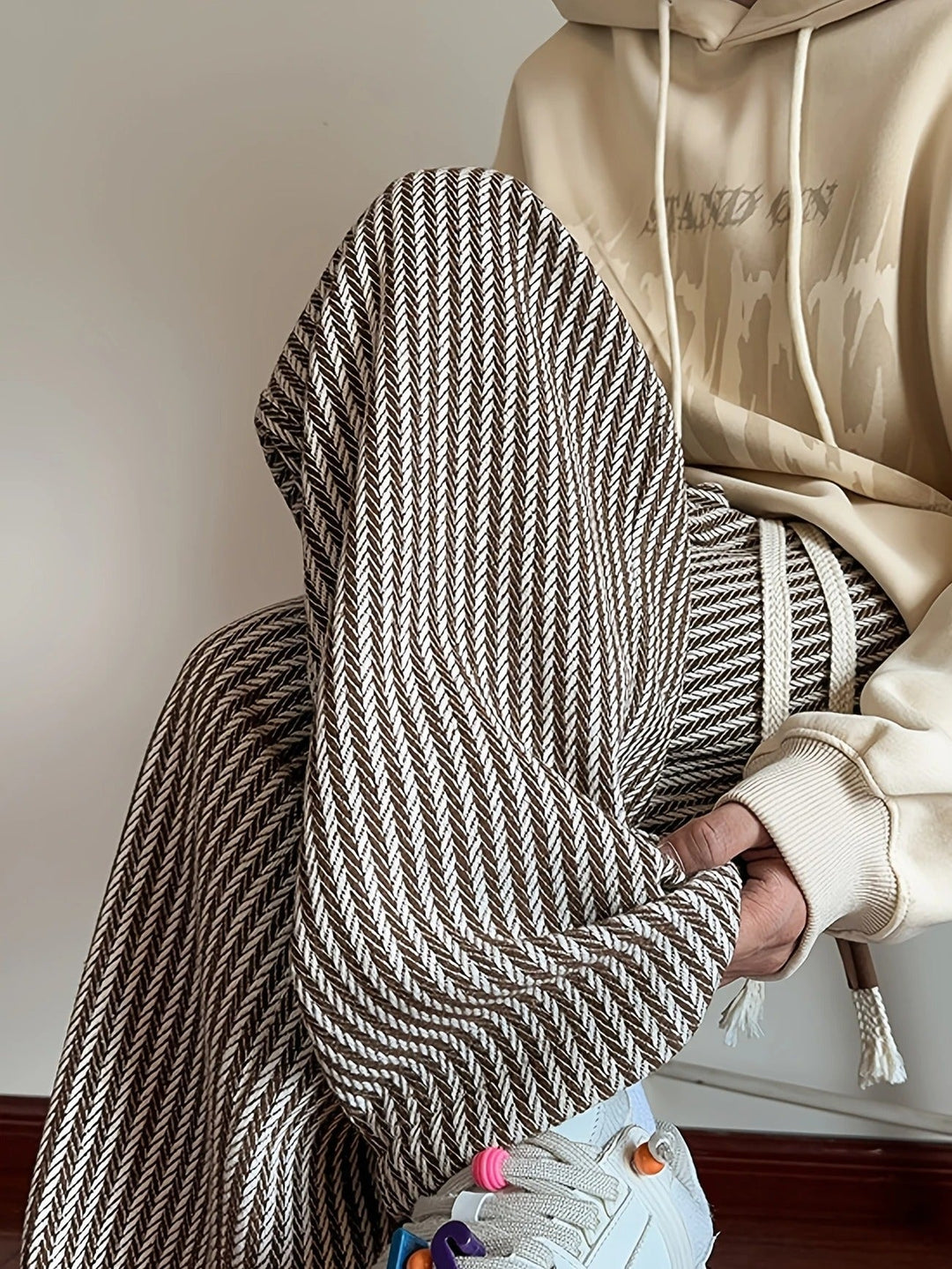 Men's Wide Leg Pants - Herringbone Pattern - Drawstring Waist