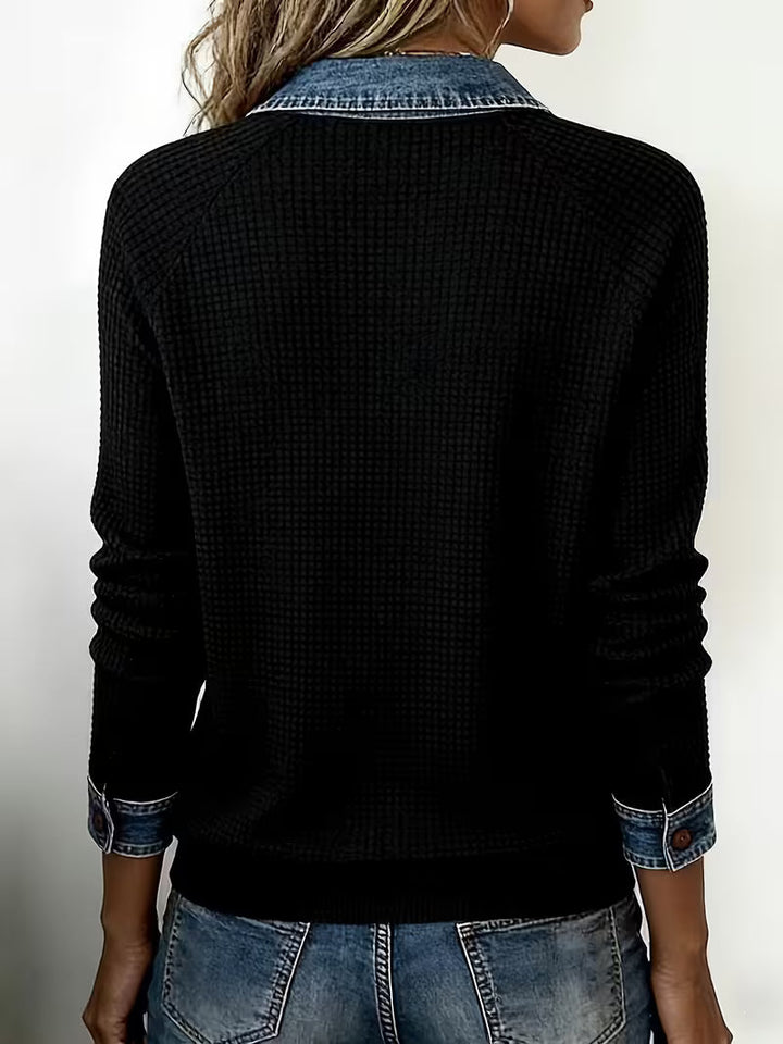 Denim-Edge Ribbed Knit Polo