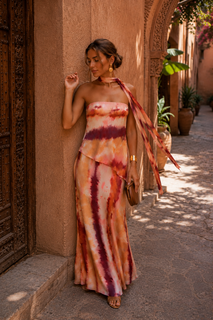 Strapless Neckline Long Printed Dress