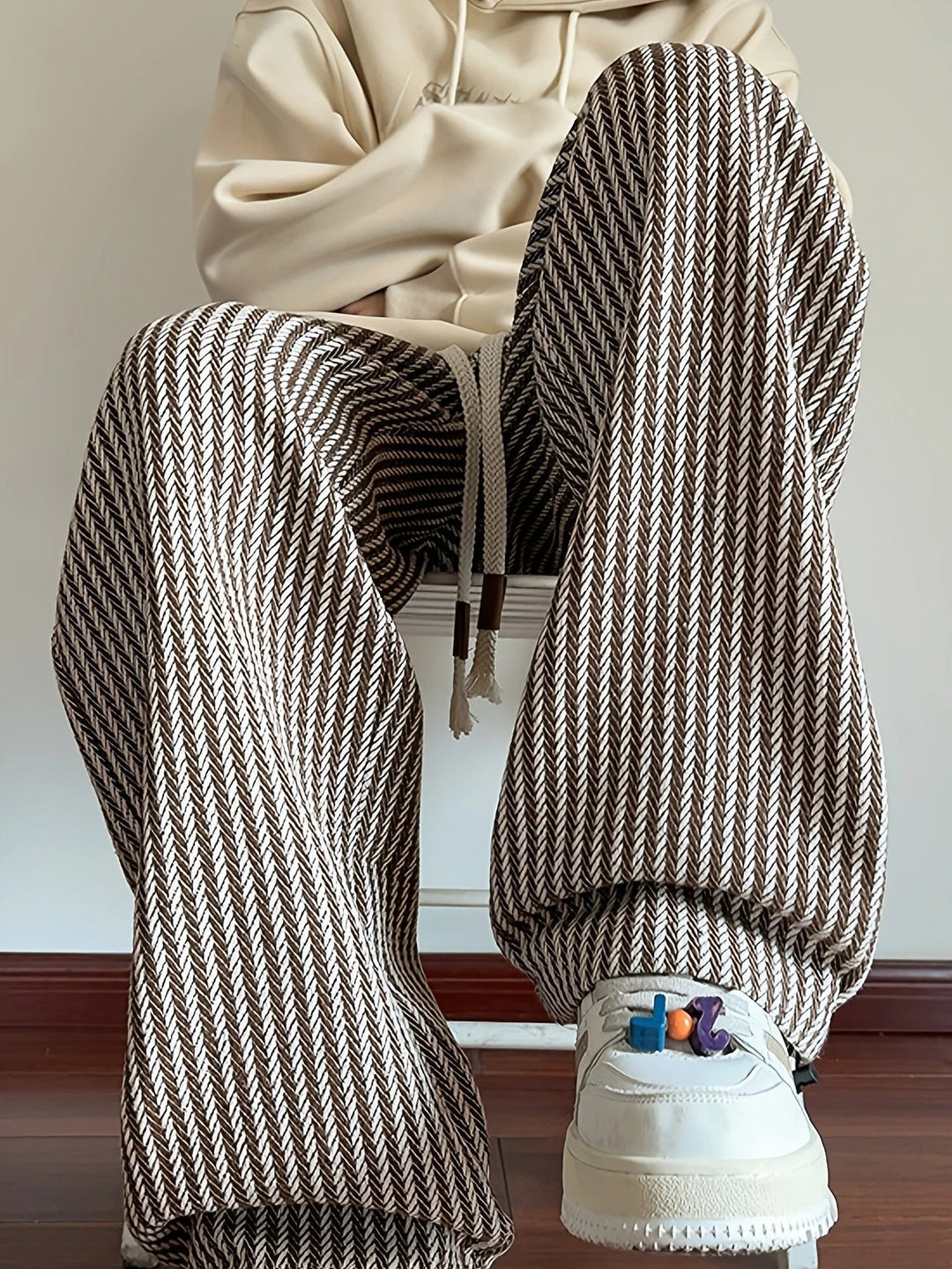 Men's Wide Leg Pants - Herringbone Pattern - Drawstring Waist