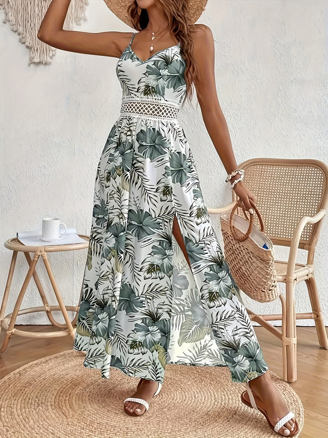 Women's Floral Maxi Dress - V-Neck Spaghetti Strap - Crochet Waist
