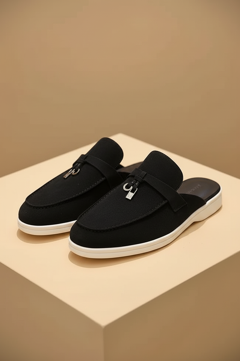 Women's Suede Mule Loafers - Metal Bit Detail - Flat White Sole