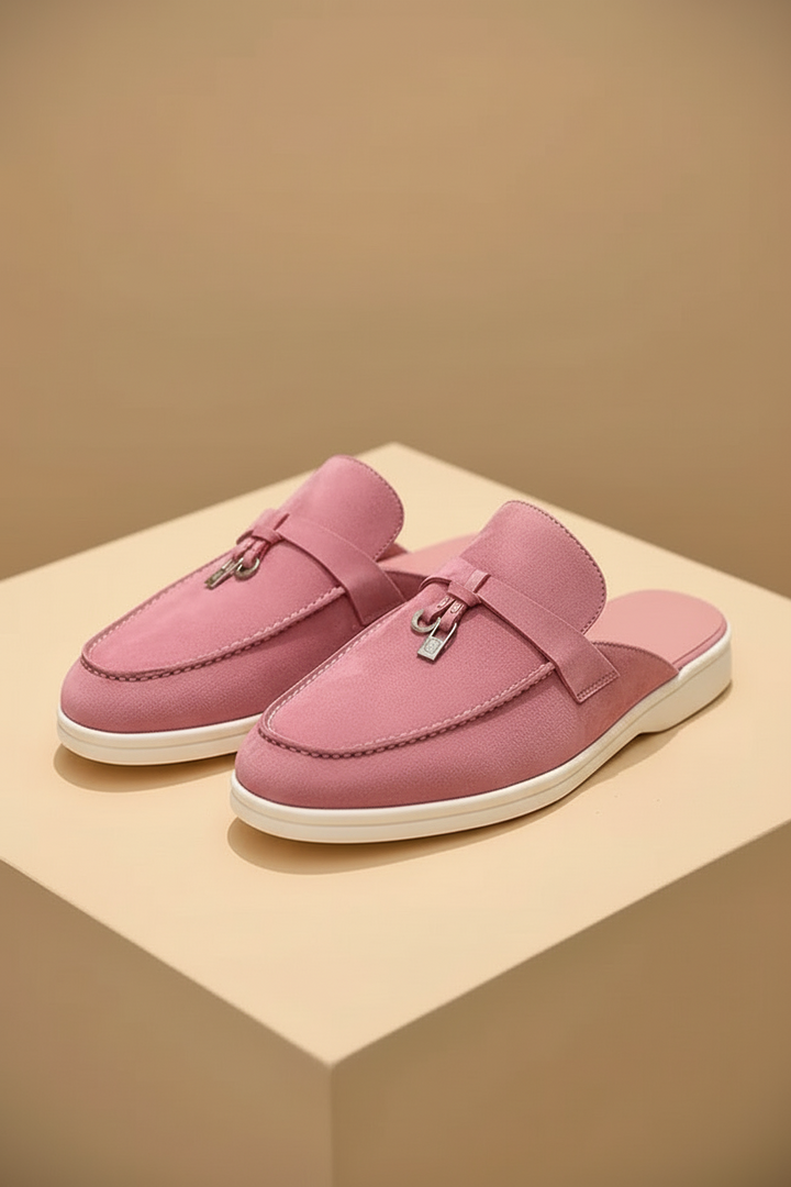 Women's Suede Mule Loafers - Metal Bit Detail - Flat White Sole
