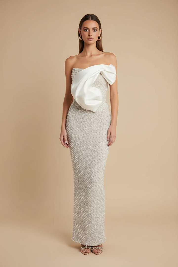Women's White Strapless Pearl Embellished Maxi Dress - Bow Detail - Back Split
