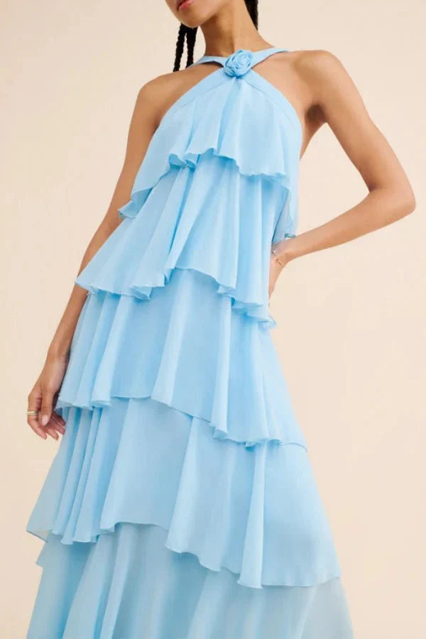 Women's Tiered Halter Cross-Back Wedding Guest Maxi Dress